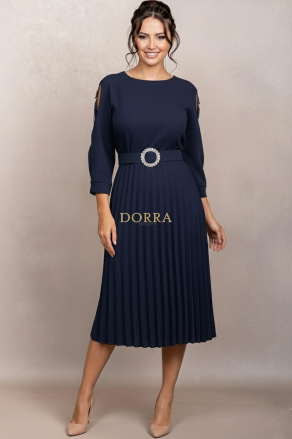 Rochie de ocazie Edith din stofă bleumarin cu mâneci din tull brodat - poză frontală
