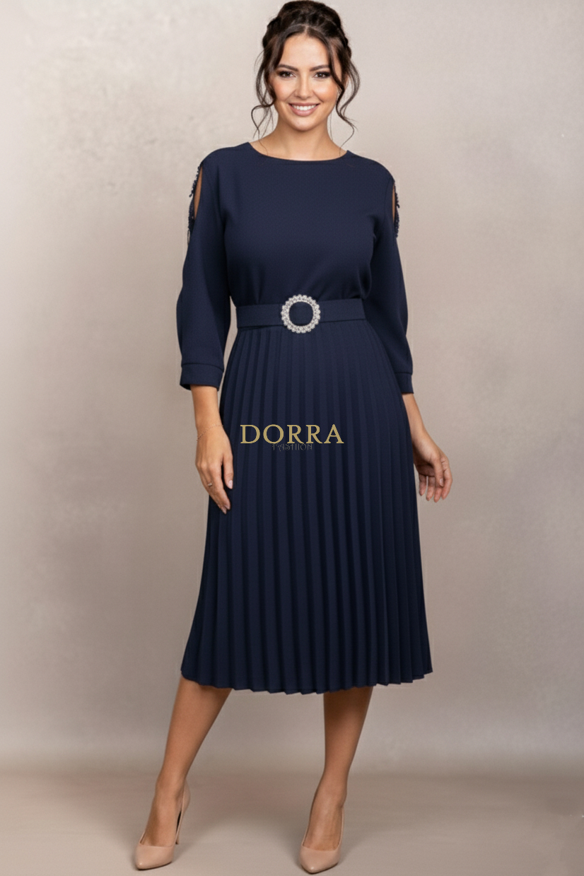 Rochie de ocazie Edith din stofă bleumarin cu mâneci din tull brodat - poză frontală