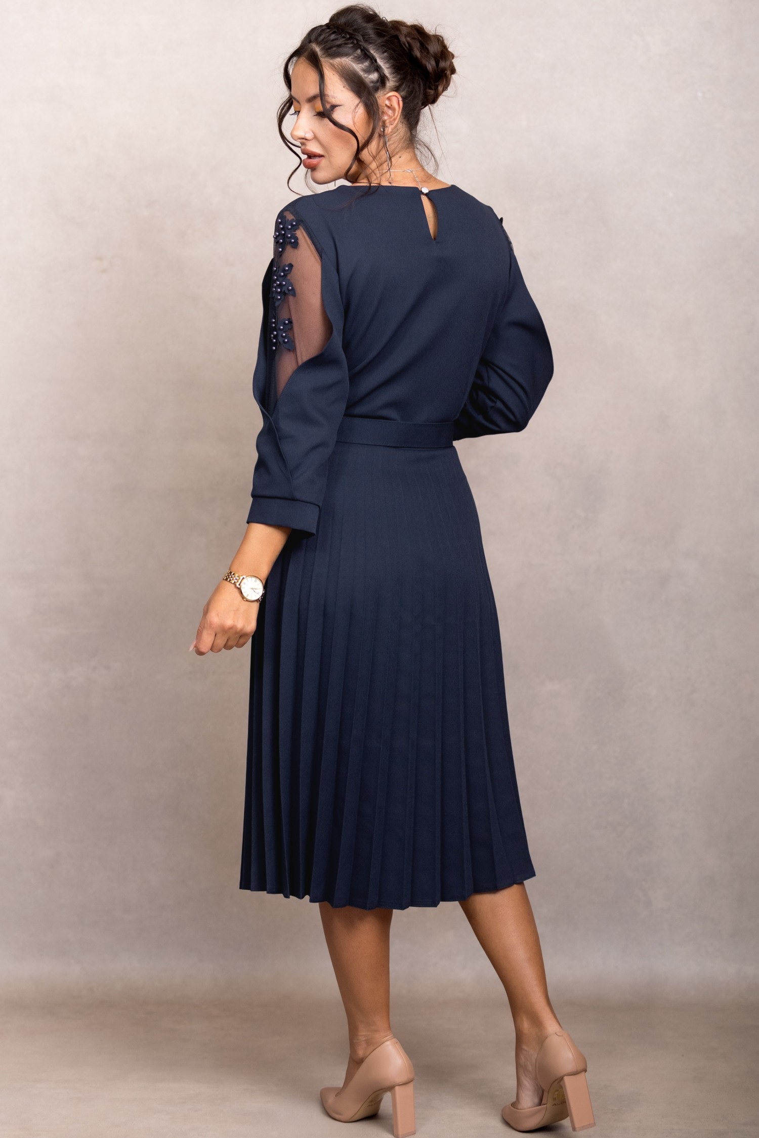 Rochie de ocazie Edith din stofă bleumarin cu mâneci din tull brodat - imagine 4
