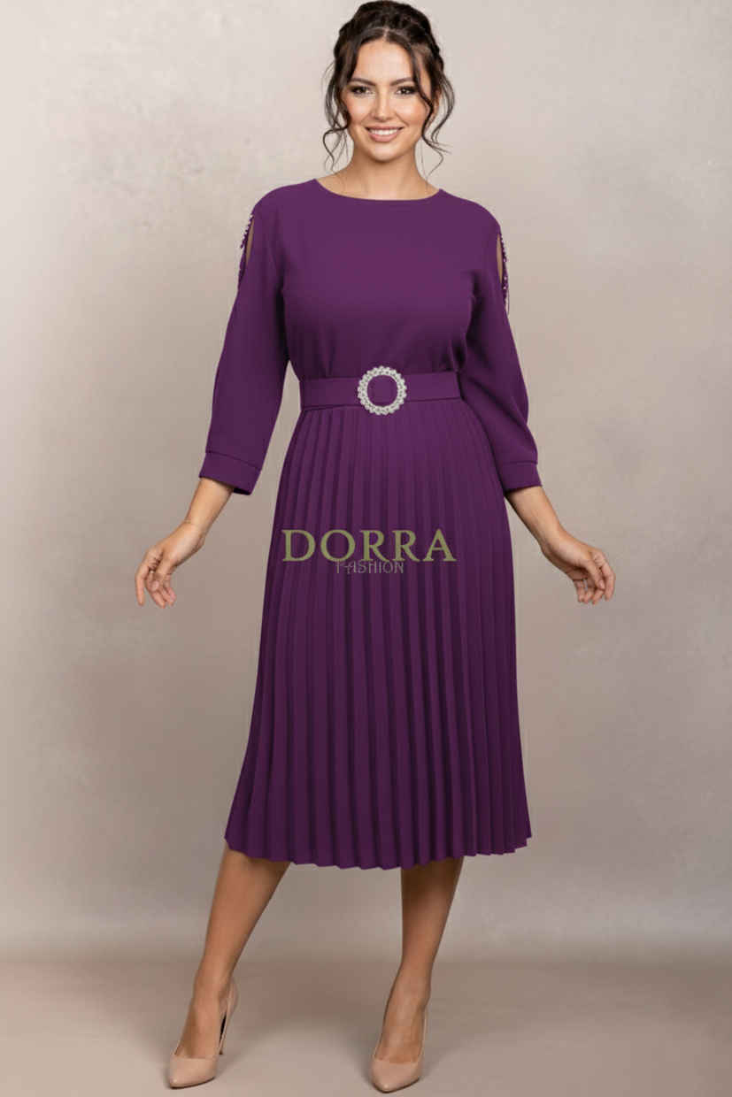 Rochie de ocazie Edith din stofă mov cu mâneci din tull brodat și fustă plisată - spate