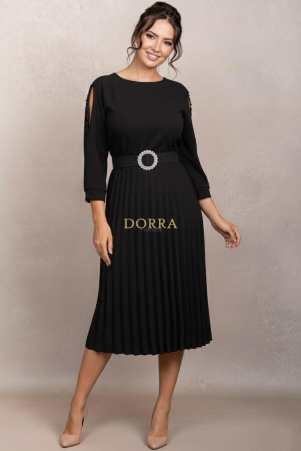 Rochie de ocazie Edith din stofă neagră cu mâneci din tull brodat - poză frontală