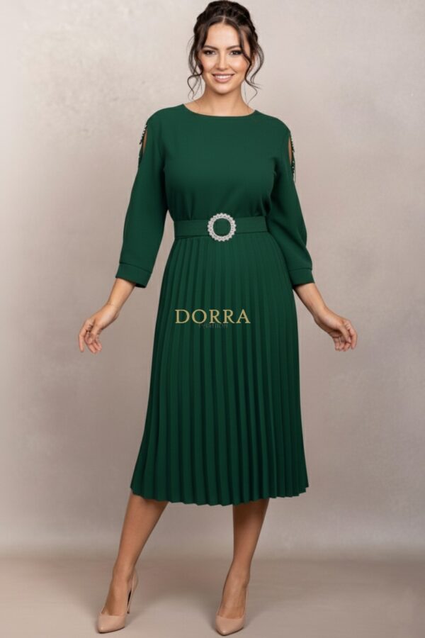 Rochie de ocazie Edith din stofă verde cu mâneci din tull brodat și fustă plisată - spate