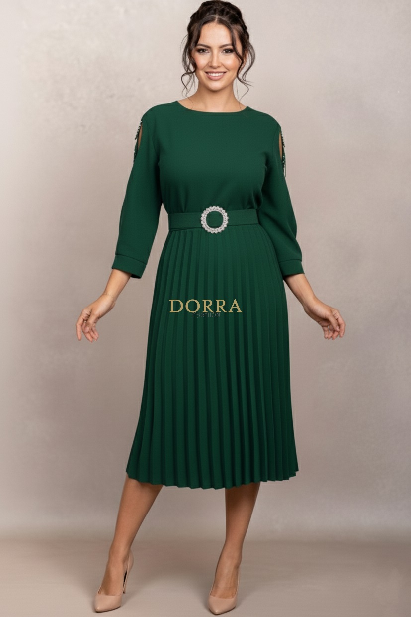 Rochie de ocazie Edith din stofă verde cu mâneci din tull brodat și fustă plisată - spate