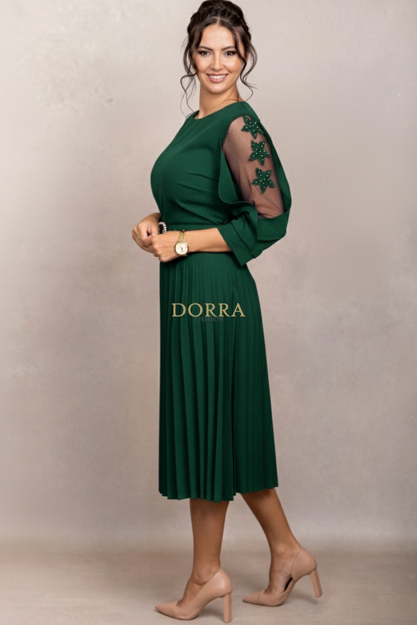 Rochie de ocazie Edith din stofă verde cu mâneci din tull brodat și fustă plisată - detaliu