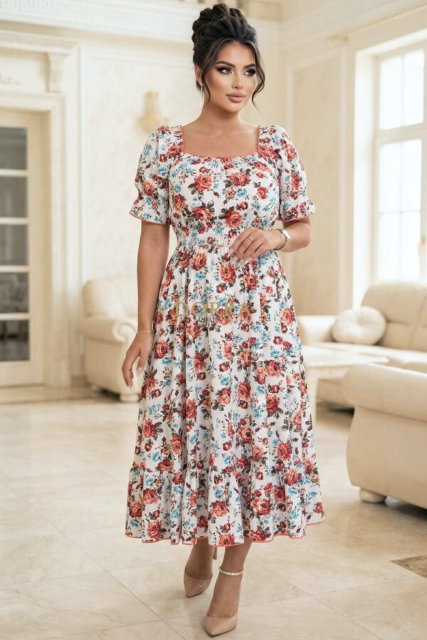 Rochie midi Elaiza din bumbac alb cu imprimeu floral și decolteu pătrat - poză frontală