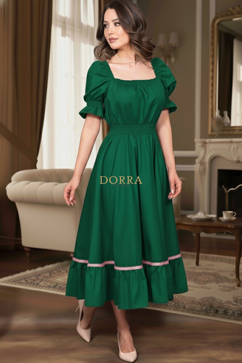 Rochie midi Ema din bumbac verde cu decolteu pătrat și volan cu dantelă - poză frontală