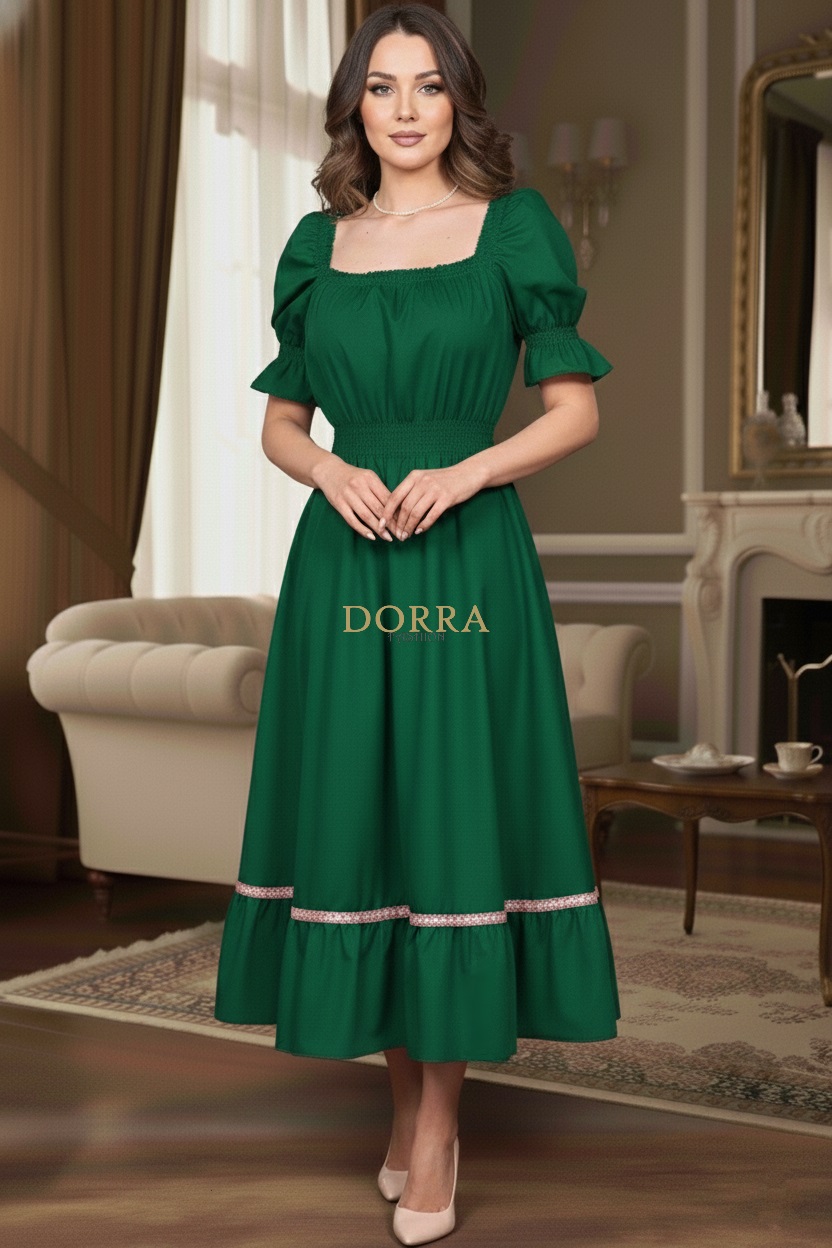 Rochie midi Ema din bumbac verde cu decolteu pătrat și volan cu dantelă - imagine 4