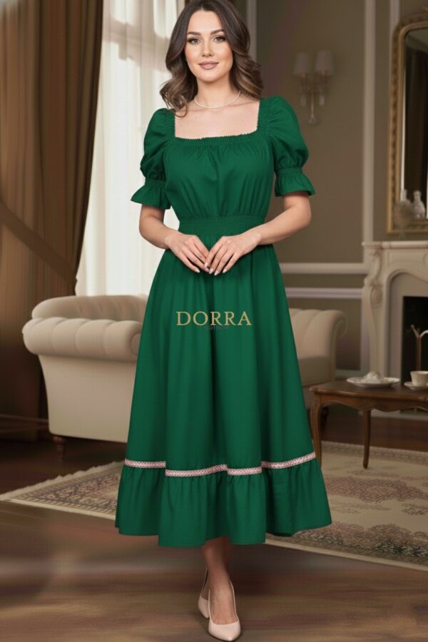 Rochie midi Ema din bumbac verde cu decolteu pătrat și volan cu dantelă