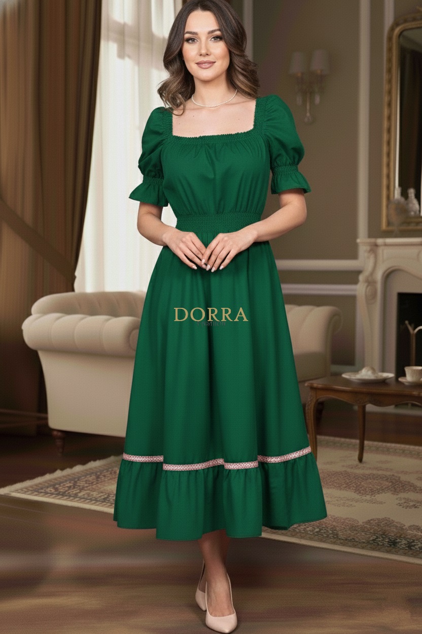 Rochie midi Ema din bumbac verde cu decolteu pătrat și volan cu dantelă