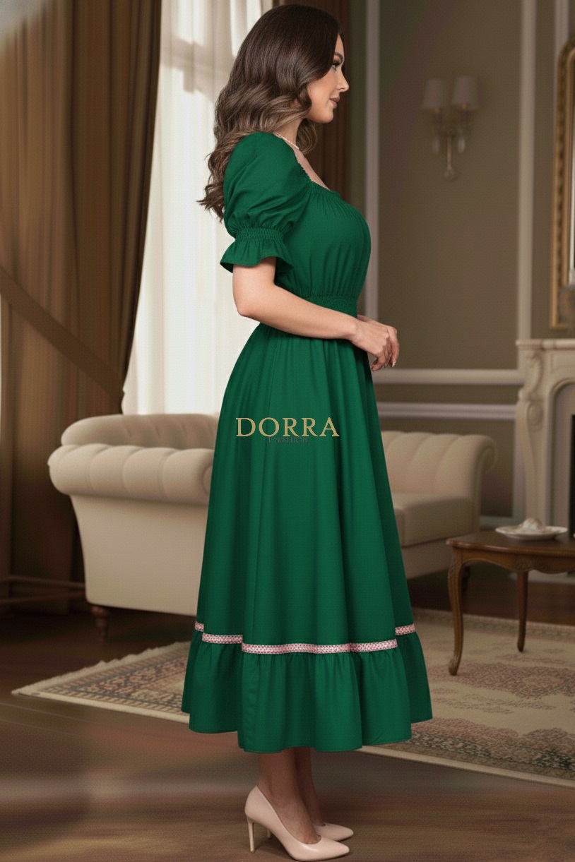 Rochie midi Ema din bumbac verde cu decolteu pătrat și volan cu dantelă - imagine 5