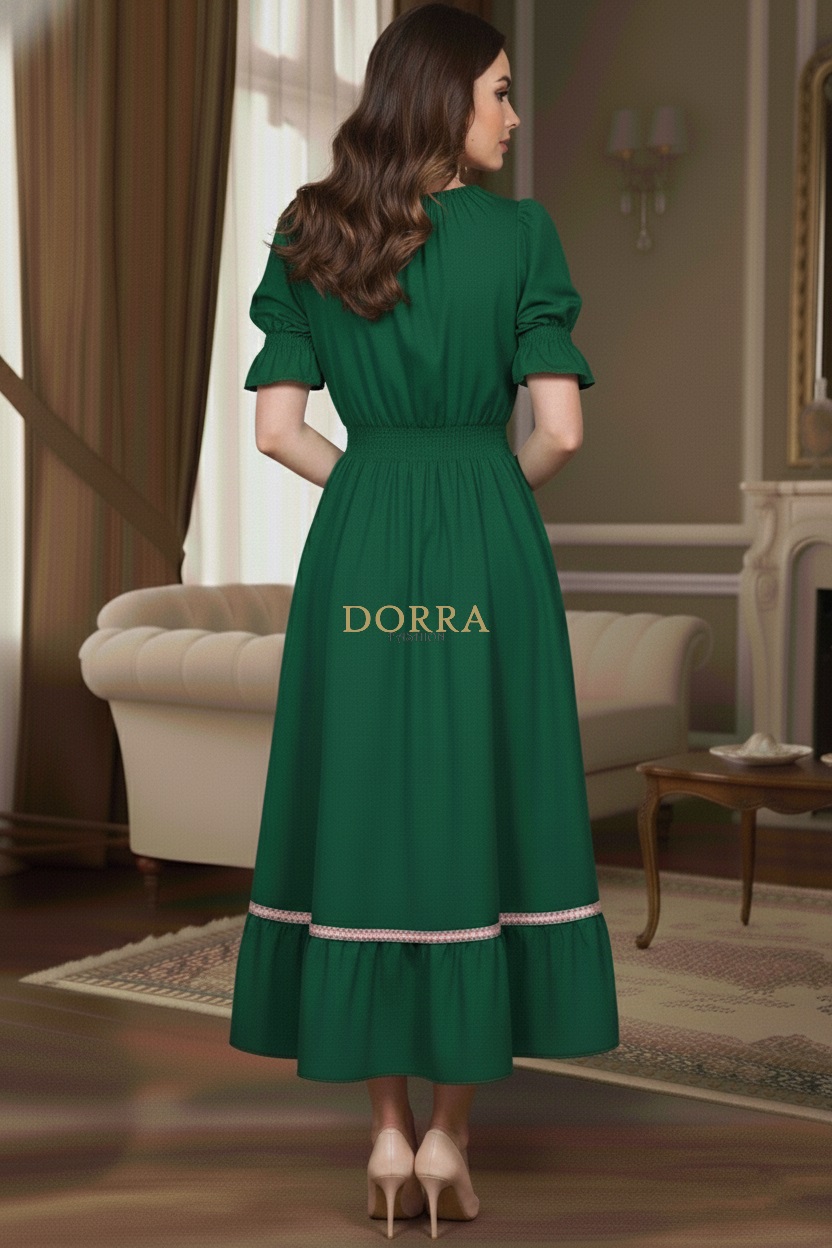 Rochie midi Ema din bumbac verde cu decolteu pătrat și volan cu dantelă - imagine 6