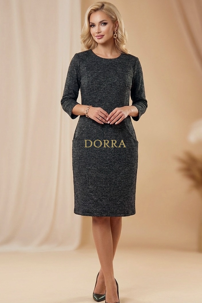 Rochie de zi Estera din tricot gri antracit cu buzunare - poză frontală