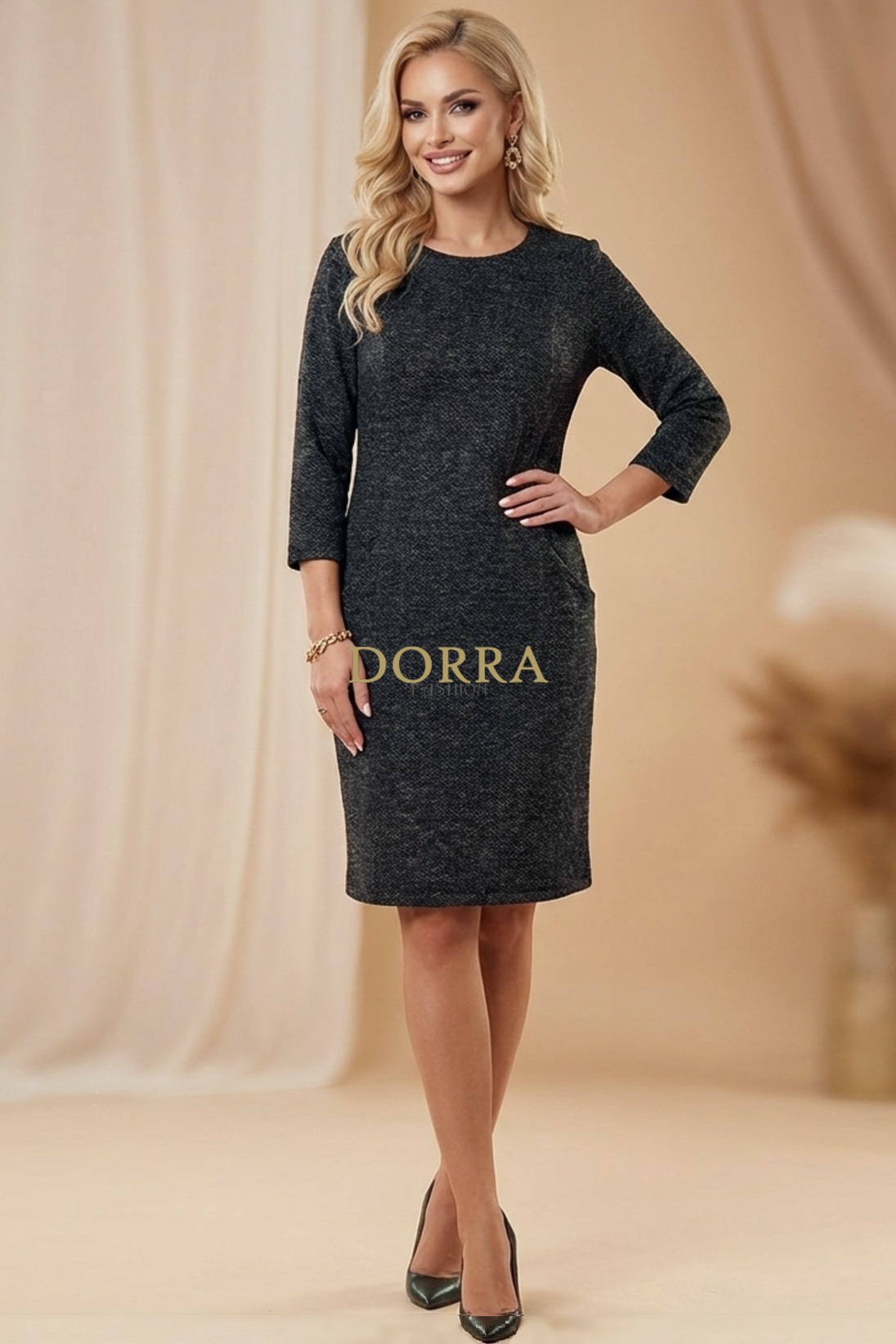 Rochie de zi Estera din tricot gri antracit cu buzunare