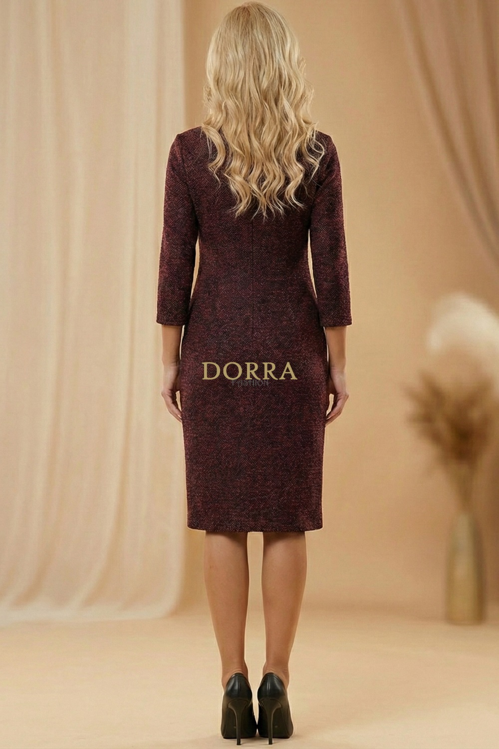 Rochie de zi Estera din tricot grena cu negru și buzunare