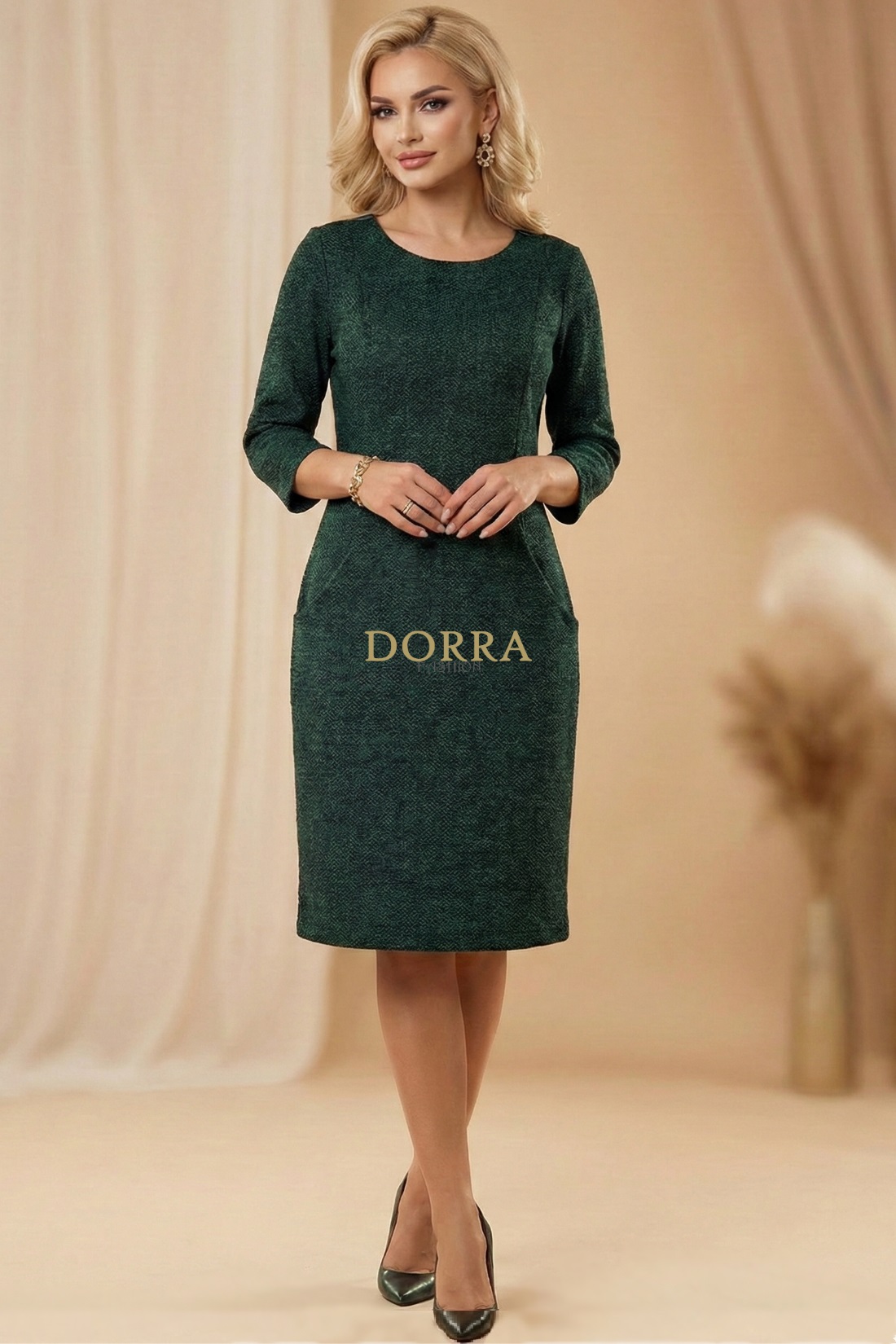 Rochie de zi Estera din tricot verde cu negru și buzunare - imagine 3