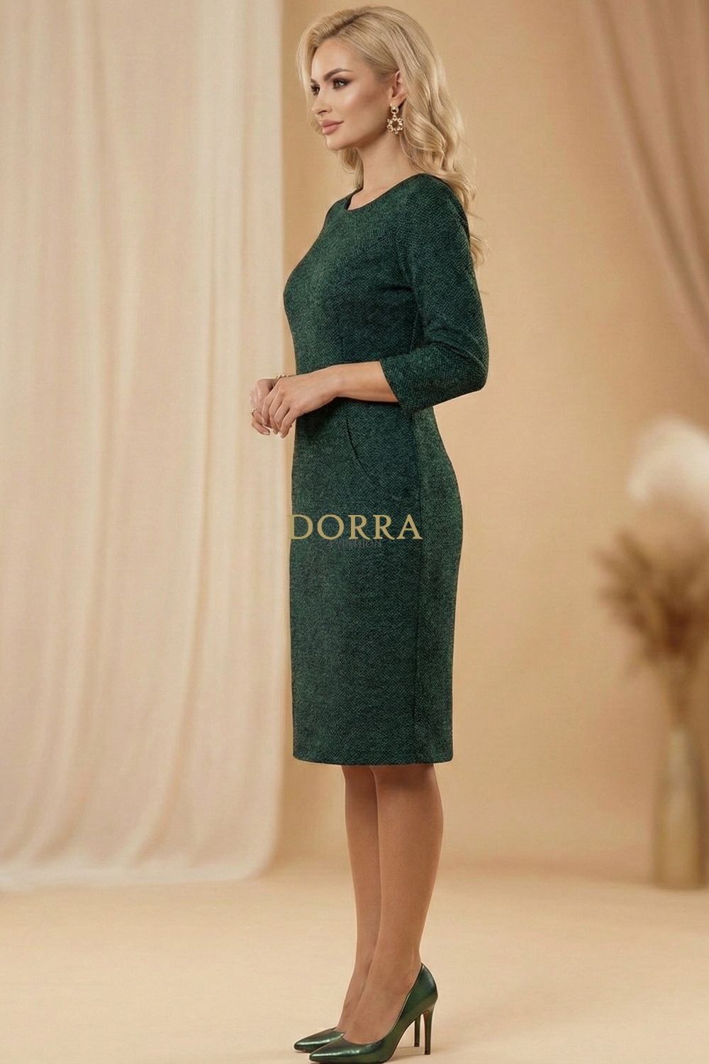 Rochie de zi Estera din tricot verde cu negru și buzunare - imagine 4