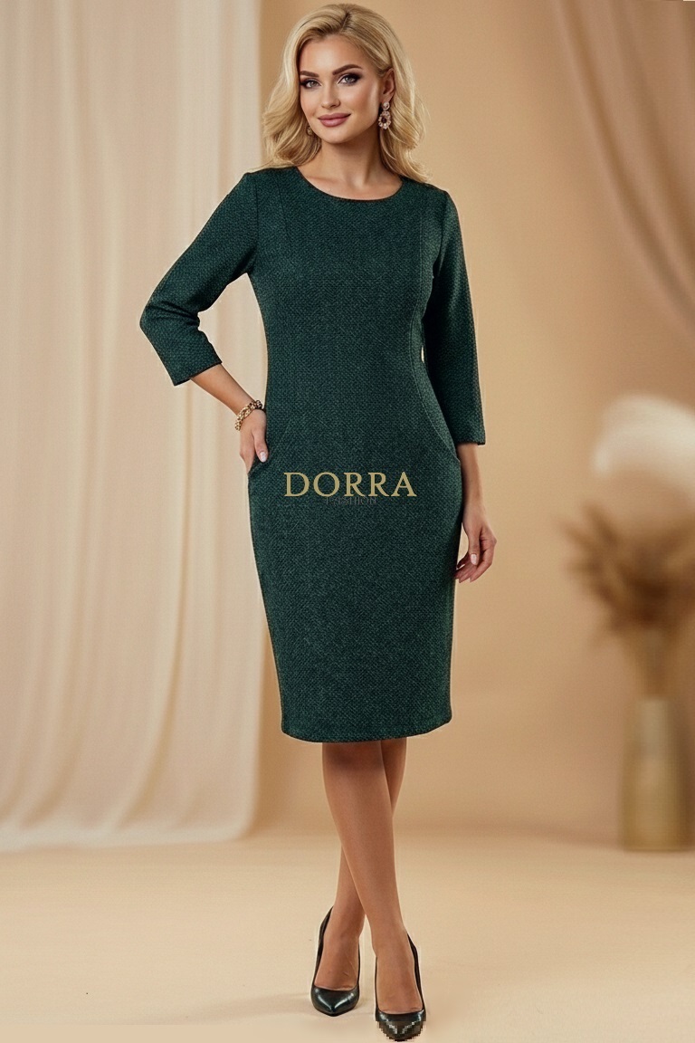 Rochie de zi Estera din tricot verde cu negru și buzunare