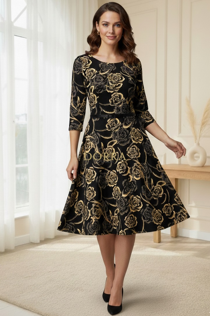 Rochie de zi Faith din țesătură plină neagră cu curea - poză frontală