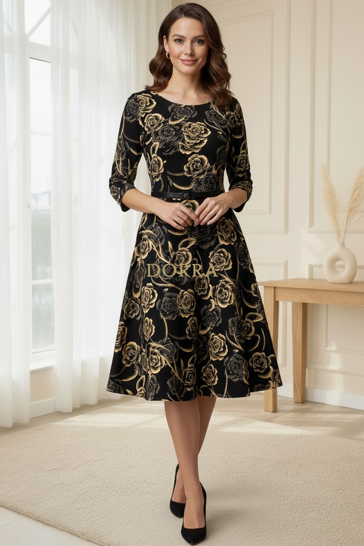 Rochie de zi Faith din țesătură plină neagră cu curea - spate