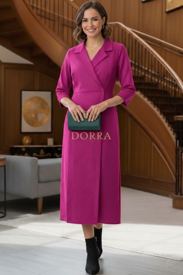 Rochie midi Rebeca din stofă fuchsia cu guler, revere și crăpături - poză frontală