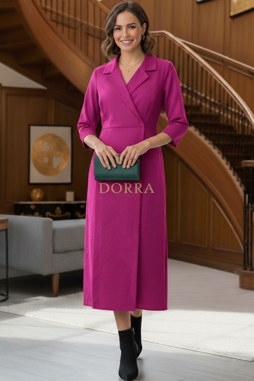 Rochie midi Rebeca din stofă fuchsia cu guler, revere și crăpături - poză frontală