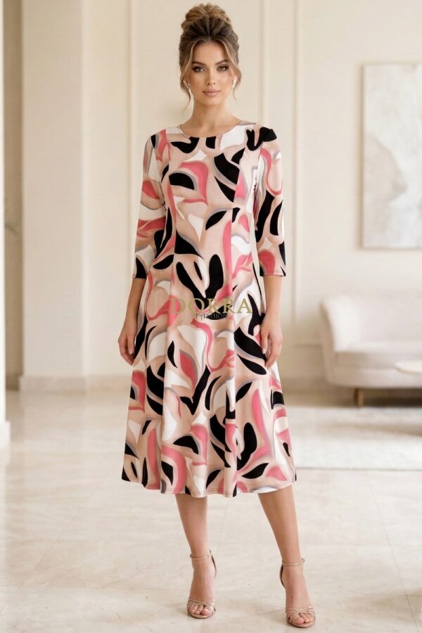 Rochie midi Gisele din jerse bej cu imprimeu abstract - poză frontală