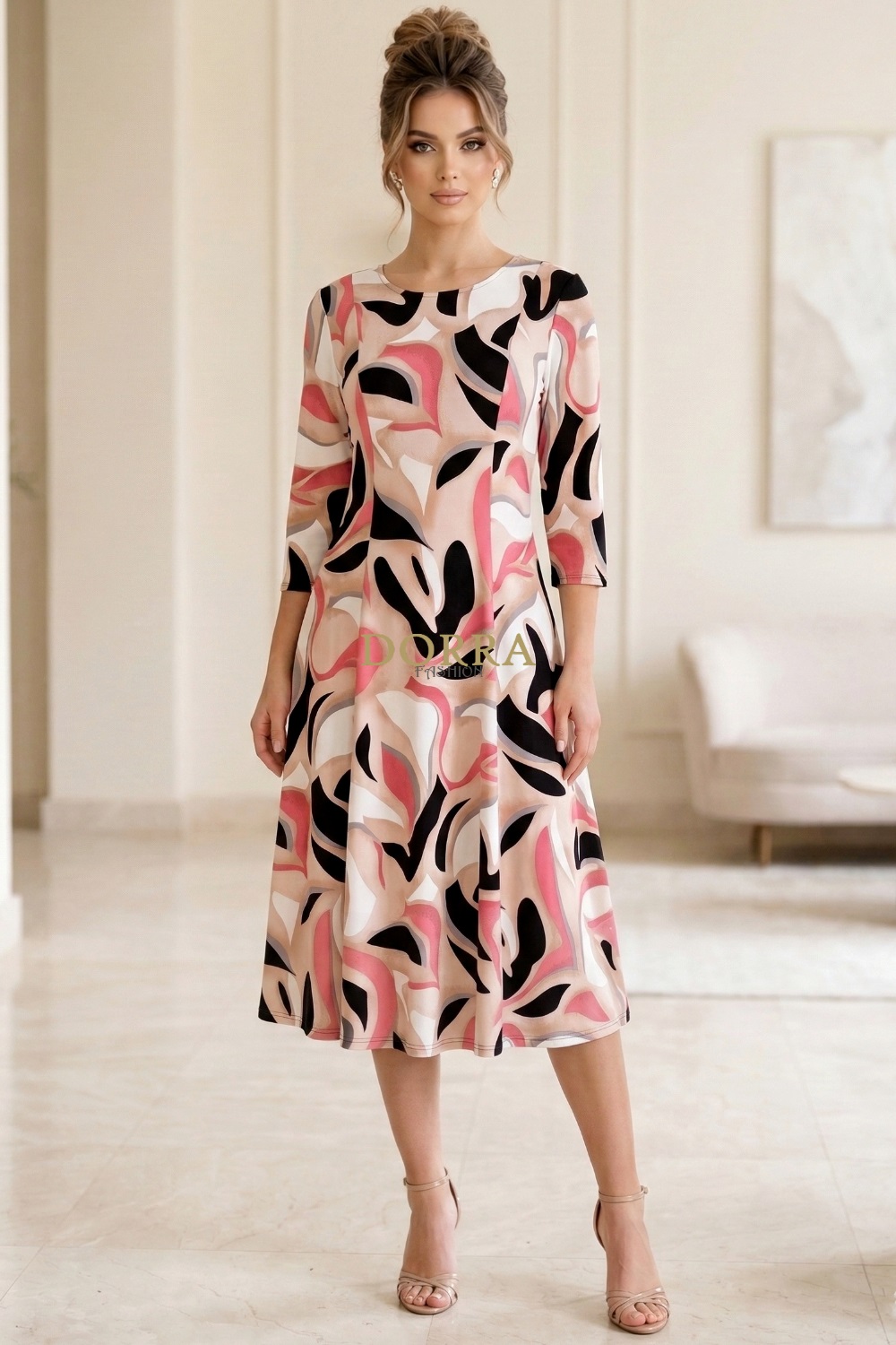 Rochie midi Gisele din jerse bej cu imprimeu abstract - poză frontală