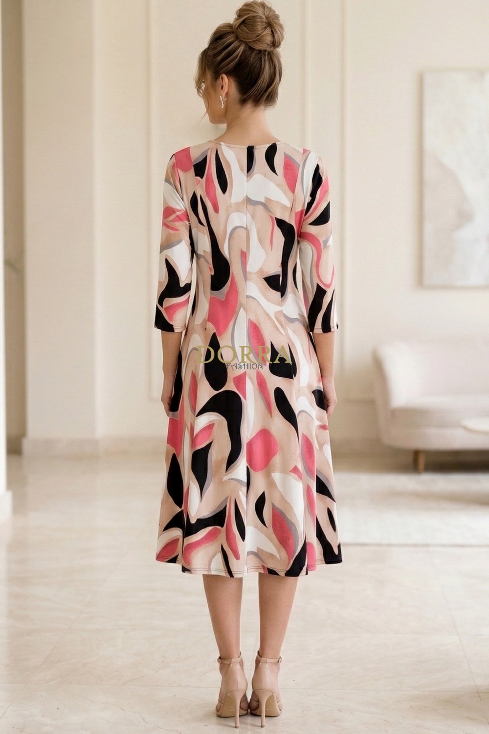 Rochie midi Gisele din jerse bej cu imprimeu abstract - spate