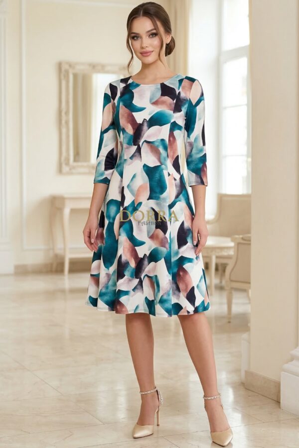 Rochie midi Gisele din jerse cu imprimeu abstract turquoise - poză frontală