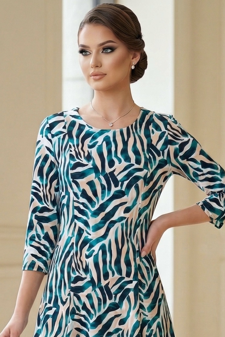 Rochie midi Gisele din jerse verde cu crem și mânecă 3/4 - detaliu