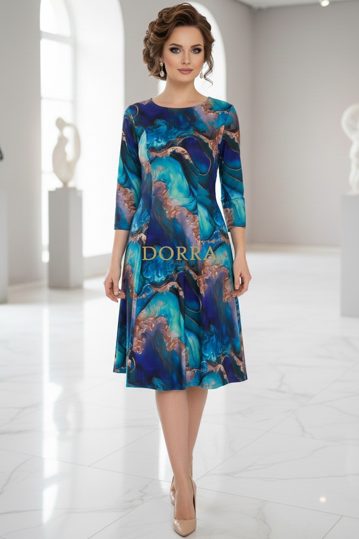 Rochie midi Gisele din jerse albastru-indigo - poză frontală