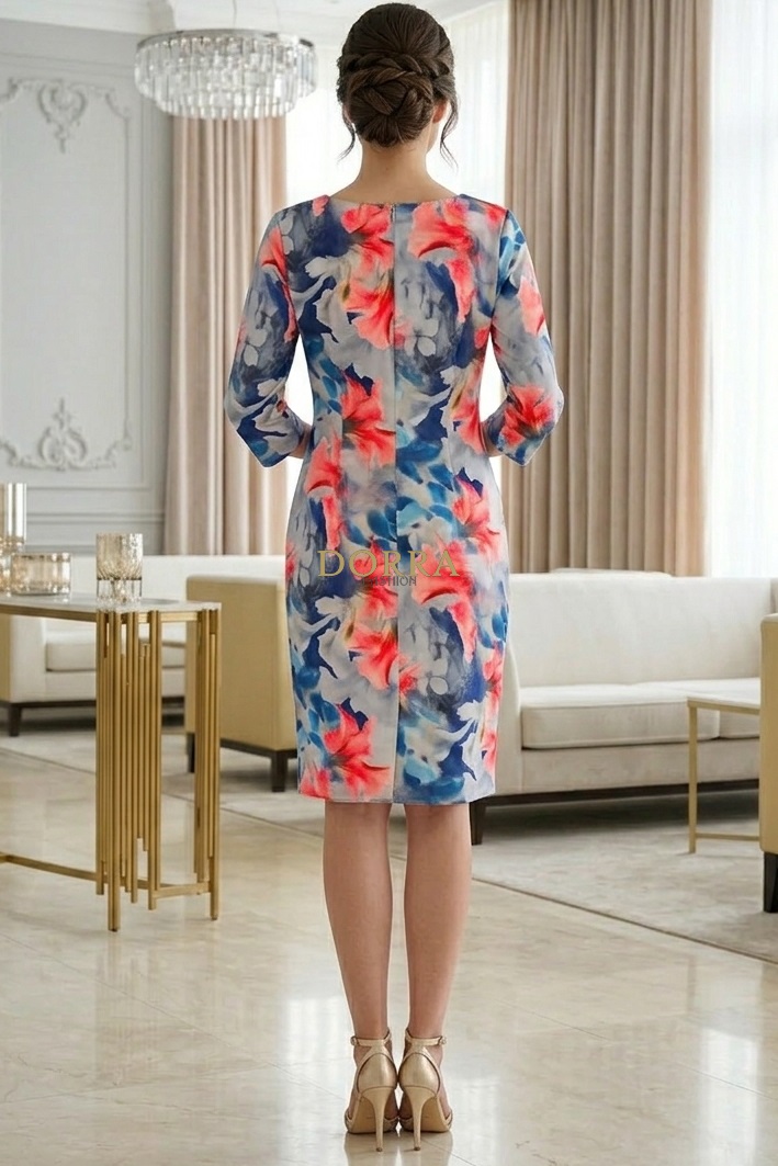 Rochie de zi Iustina din barbie albastru cu imprimeu floral corai - spate