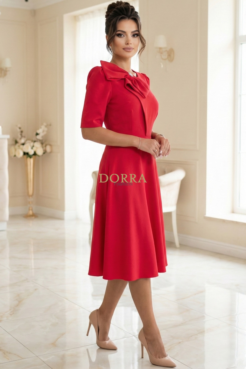 Rochie midi cocktail Izabella din barbie corai cu fundă și broșă - poză frontală