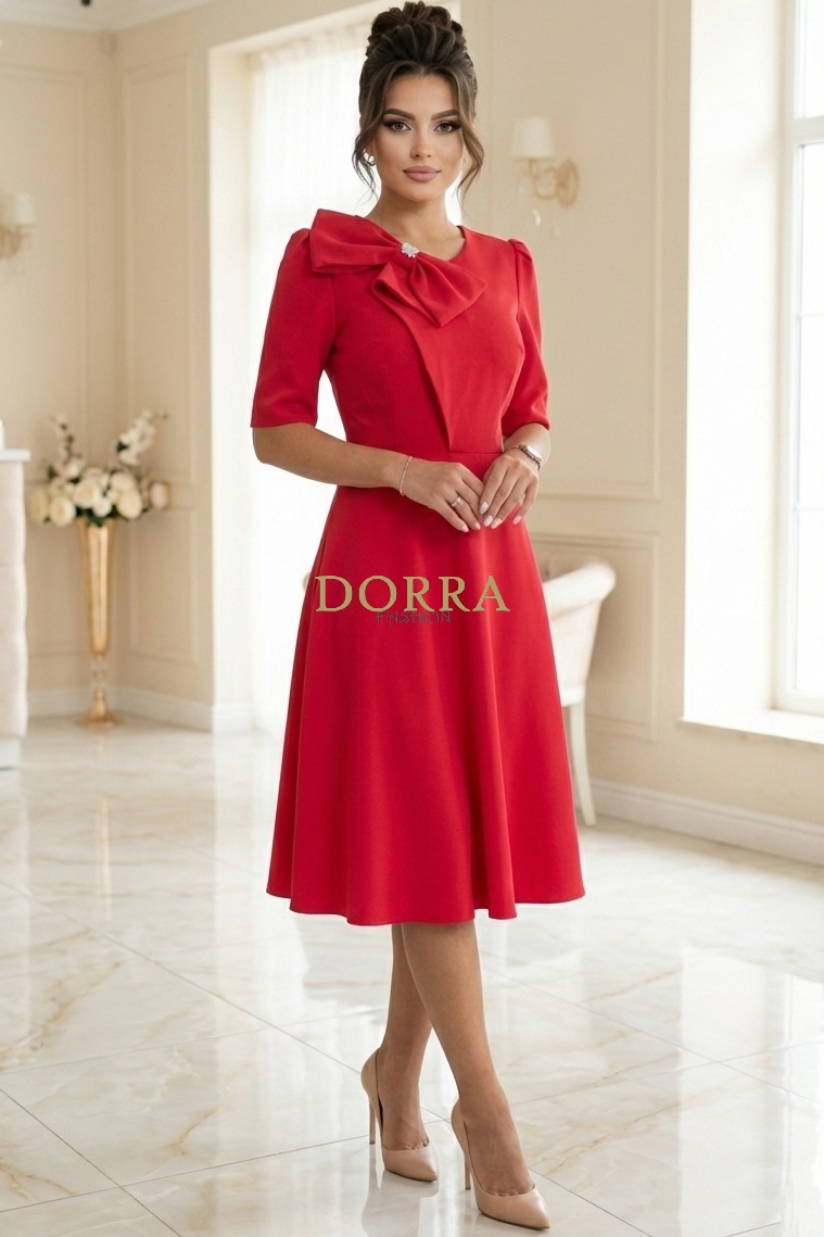 Rochie midi cocktail Izabella din barbie corai cu fundă și broșă - spate