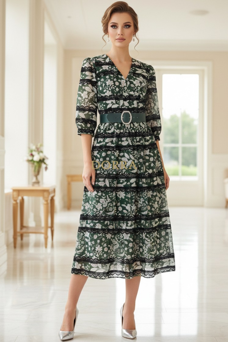 Rochie midi de ocazie Izaura din voal verde cu dantelă din catifea neagră - poză frontală