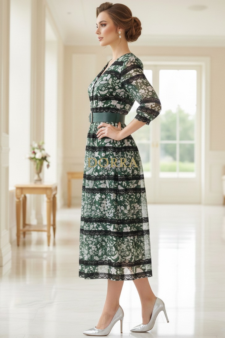 Rochie midi de ocazie Izaura din voal verde cu dantelă din catifea neagră - spate