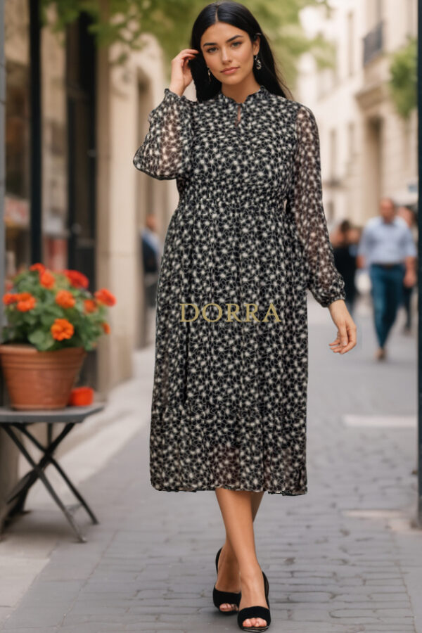 Rochie midi Jade din voal negru imprimat cu mâneci lungi - poză frontală