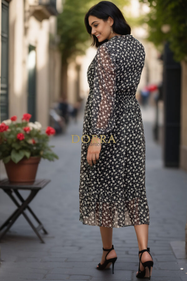 Rochie midi Jade din voal negru imprimat cu mâneci lungi - detaliu