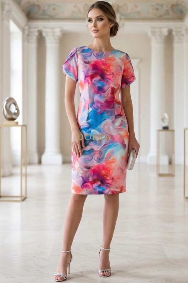 Rochie de zi Johanna multicoloră cu mânecă lalea - poză frontală