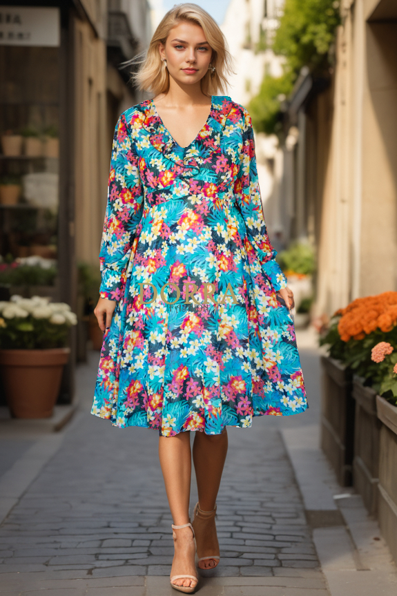 Rochie Judy din voal cu imprimeu floral multicolor și talie înaltă - poză frontală