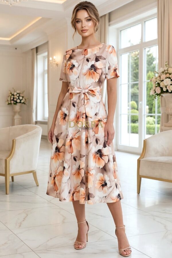 Rochie midi Karin din barbie bej cu imprimeu floral piersică și cordon - poză frontală