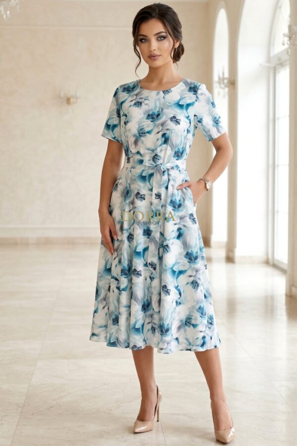 Rochie midi Karin din barbie cu imprimeu floral turquoise și cordon - poză frontală