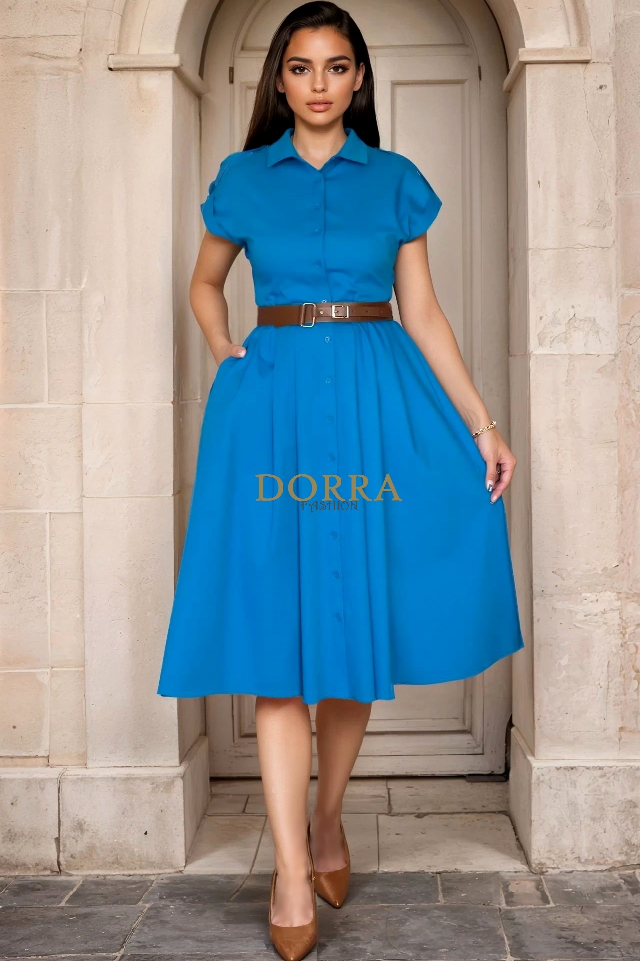 Rochie midi Kaylee din stofă turquoise cu nasturi și curea - poză frontală