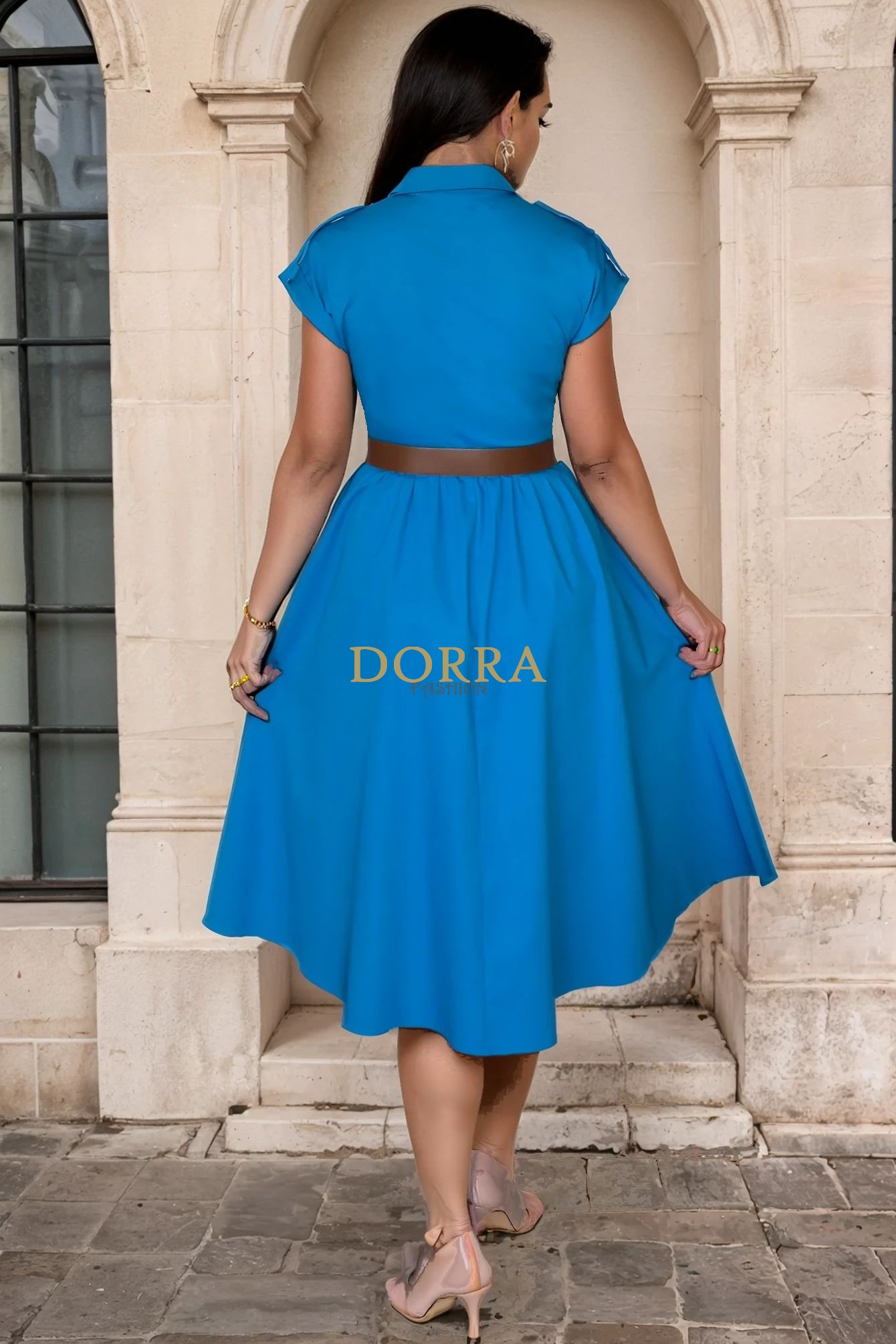 Rochie midi Kaylee din stofă turquoise cu nasturi și curea - spate