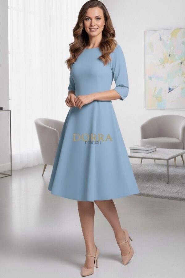 Rochie de zi Kristina din jerse elastic bleu, croială în clini - poză frontală