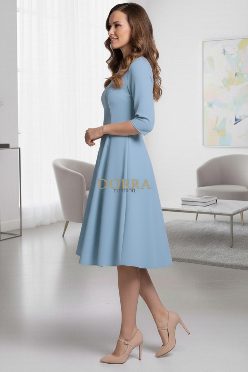 Rochie de zi Kristina din jerse elastic bleu, croială în clini - spate