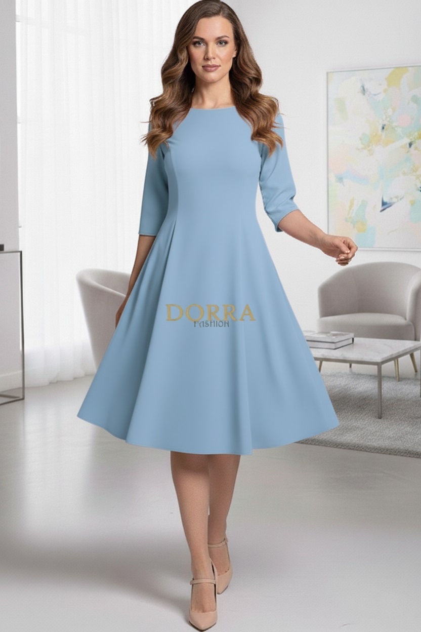 Rochie de zi Kristina din jerse elastic bleu, croială în clini