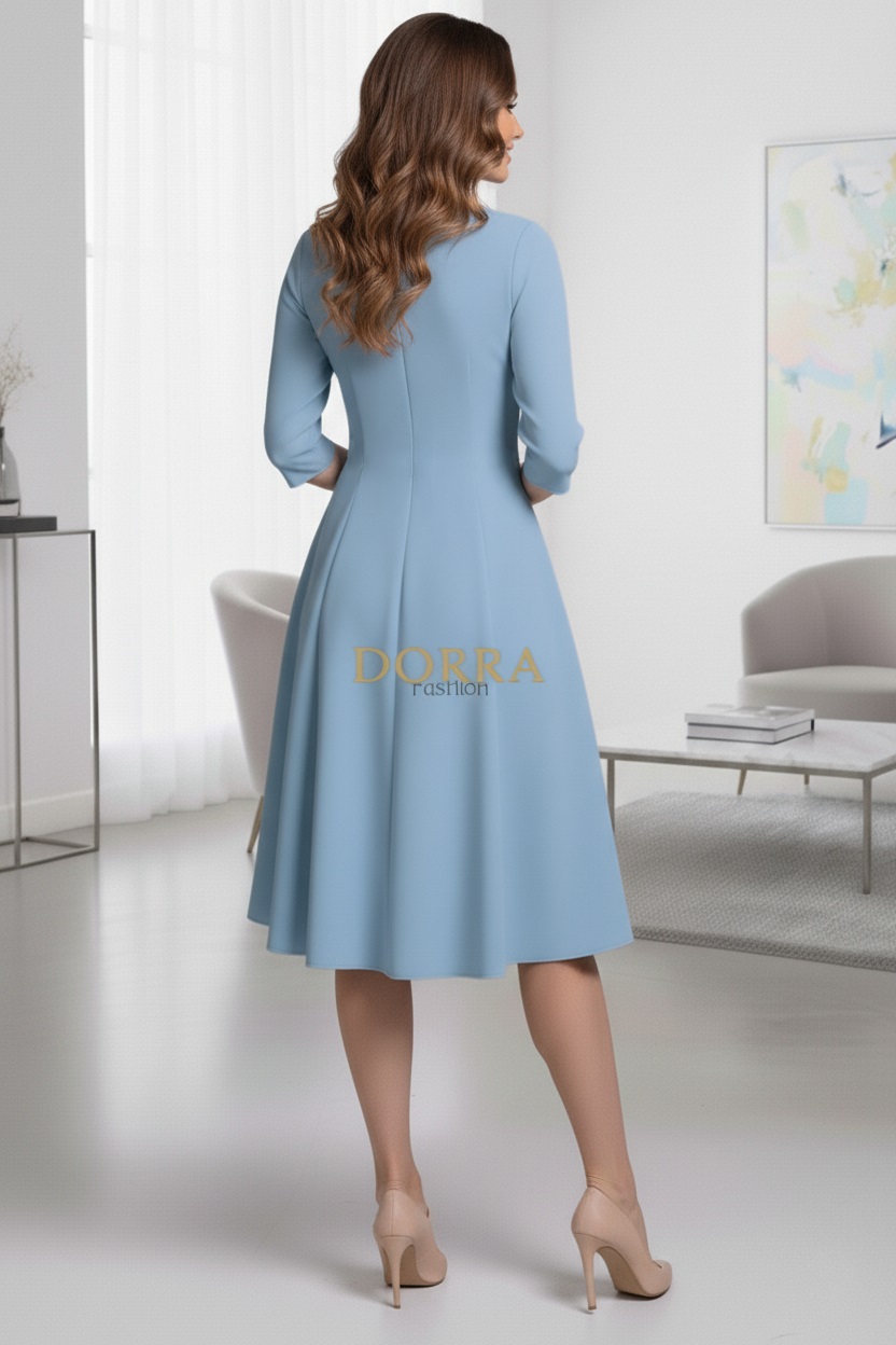 Rochie de zi Kristina din jerse elastic bleu, croială în clini
