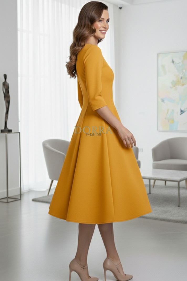 Rochie de zi Kristina din jerse elastic galben muștar, croială în clini - detaliu