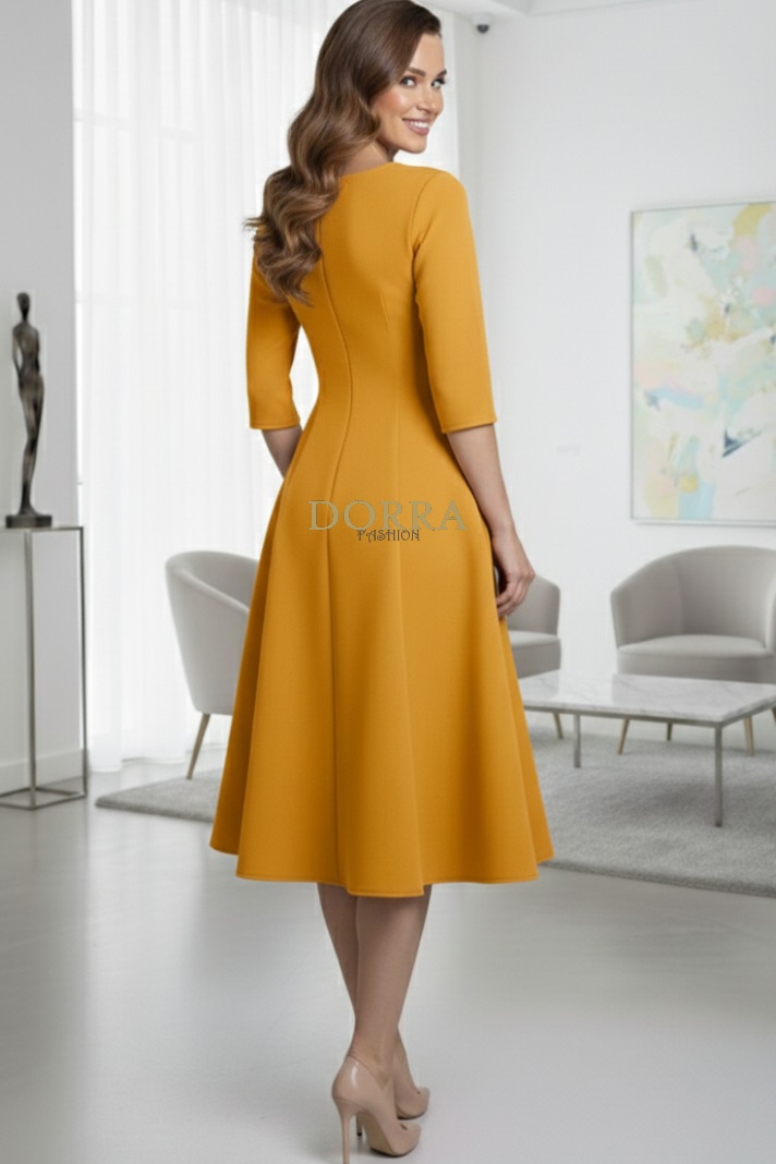 Rochie de zi Kristina din jerse elastic galben muștar, croială în clini - imagine 4
